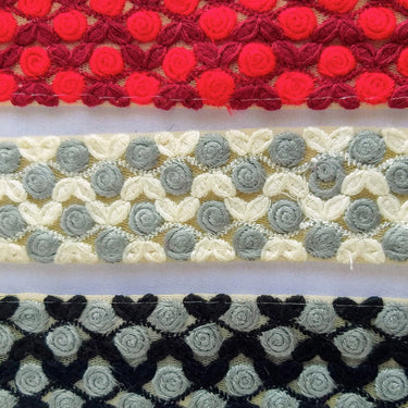 Beige Net Trim With Embroidered Roses, Off White and Grey Floral Trim, Approx. 36mm wide - 210119L465